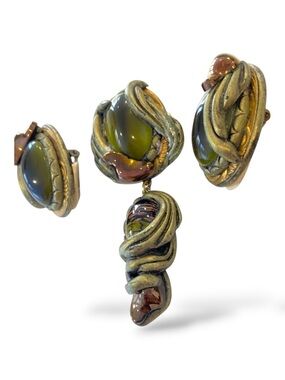 Vintage 90s Sculptural Green Cabochon Brooch & Clip Earrings Set artist 1990